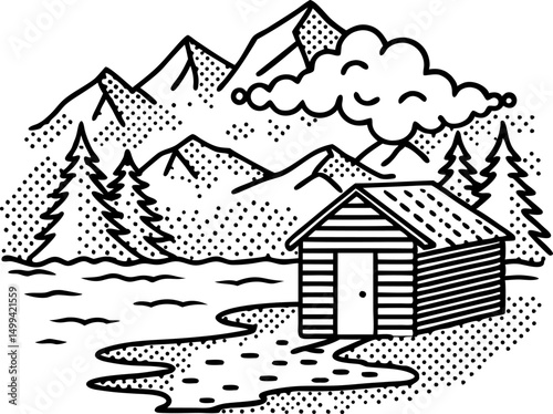 mountain cabin by lake with trees and cloud, black and white illustration, serene nature scenery