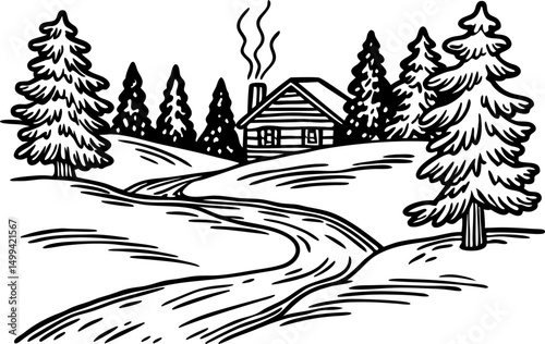 cozy cabin in a snowy forest landscape winter retreat, serene nature in black and white illustration