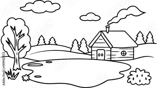Peaceful countryside scene with cabin and trees under cloudy sky in landscape illustration