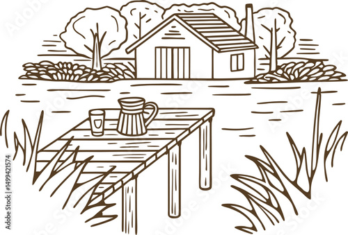 Rustic cottage scene with table and pitcher amidst nature, peaceful countryside landscape illustration