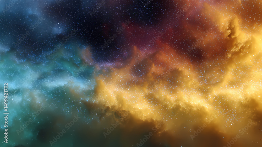 Fototapeta premium Cosmic Colorful Clouds Under Starry Night Sky with Glowing Nebula