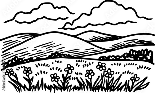 Black and white landscape illustration with rolling hills and clouds