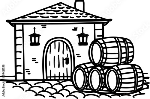 winery building with wooden barrels rustic architecture, traditional wine storage, vineyard scene