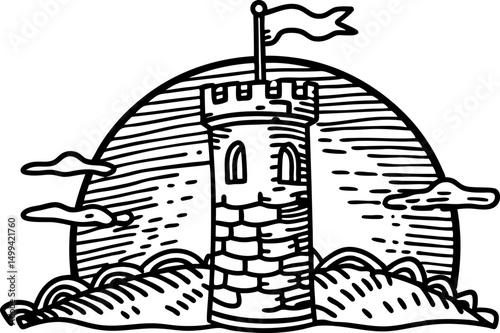 Medieval tower illustration with waves and flags in black and white