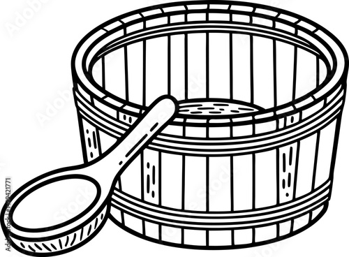 Vintage wooden tub with spoon classic barrel design for rustic home decor and storage