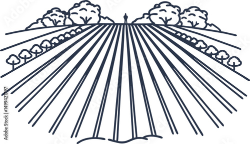 Minimalist farm landscape sketch with fields, trees, and silhouette figure in horizon