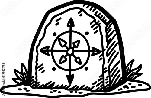 Ancient rune stone with arrow and cross symbol, mystical markings on weathered surface