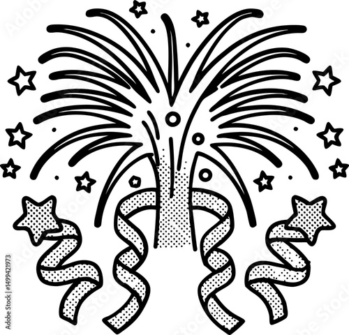 Festive fireworks celebration with stars and streamers in black and white illustration