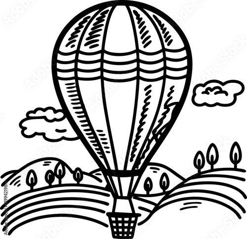 Vintage hot air balloon sketch over scenic hills with trees, clouds, and countryside landscape