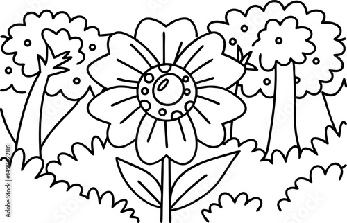 coloring page of a giant flower in a whimsical garden with trees and bushes