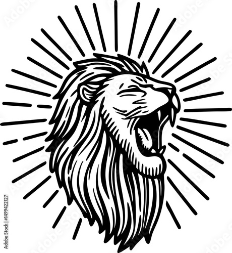 roaring lion head illustration with radiating lines for strength and power symbolism