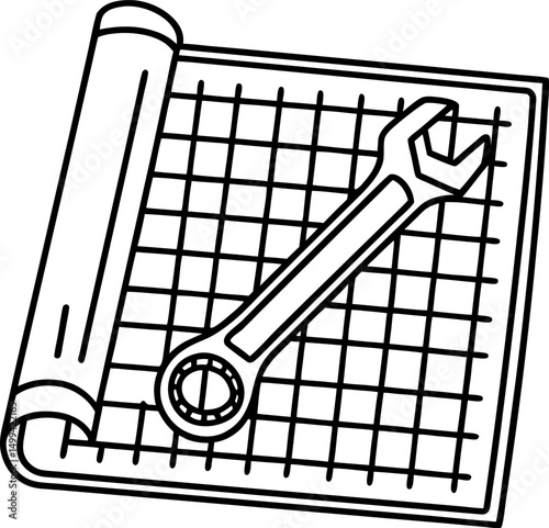 blueprint with wrench symbolizing engineering and construction design concepts