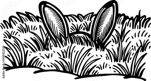 bunny ears emerging from grassy landscape in black and white illustration