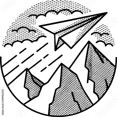 monochrome paper airplane soars above mountains with geometric clouds and dotted sky