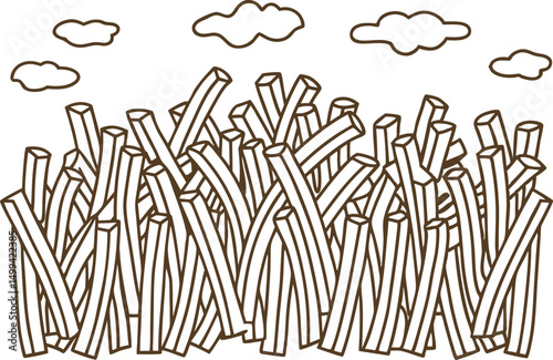Abstract geometric forest illustration with stylized trees and clouds in monochrome