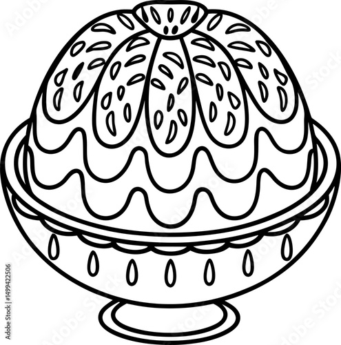 Decorative dessert with intricate icing on a patterned bowl