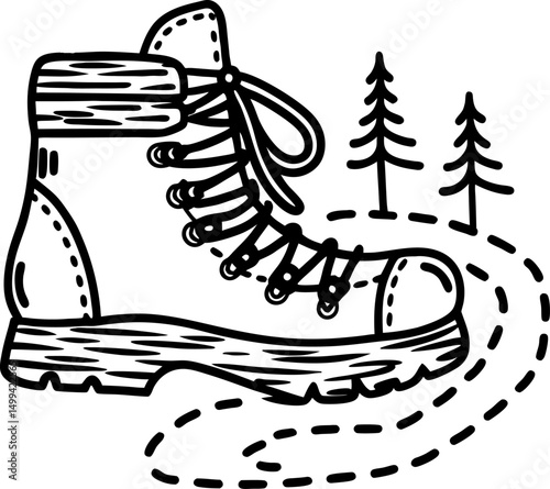 Hiking boot illustration with trail and trees, outdoor adventure, nature exploration, trekking concept