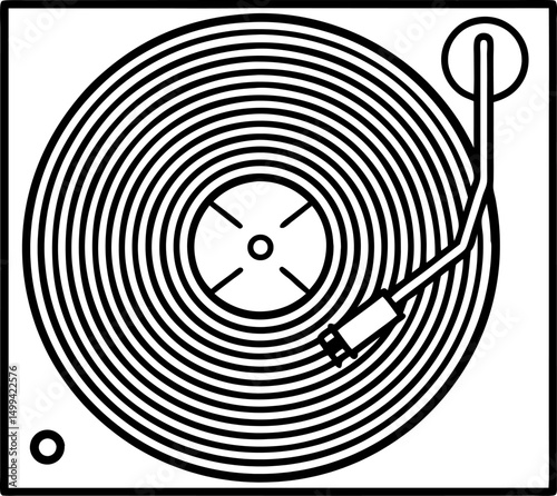 minimalist turntable illustration vinyl record, monochrome line art design, vintage music player