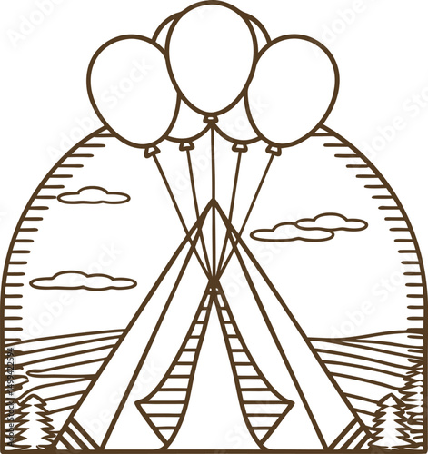 Camping adventure balloons flying over tent in scenic landscape illustration