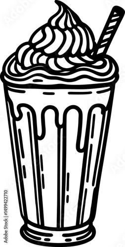 illustration of a classic milkshake glass with whipped cream and straw in monochrome