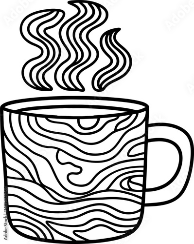 Steaming mug with abstract wave pattern design, hand drawn monochrome art