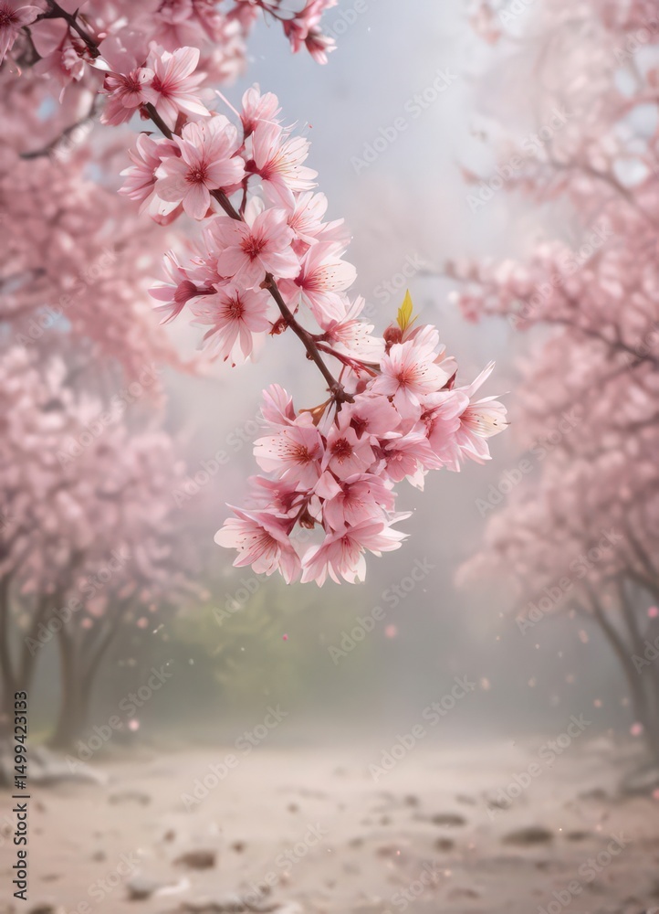 Obraz premium Delicate pink sakura petals drift on a softly blurred spring background , flower, flora