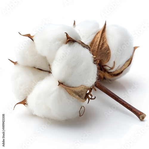Natural Cotton Flower Isolated on White, 8K Fluffy Texture Detail