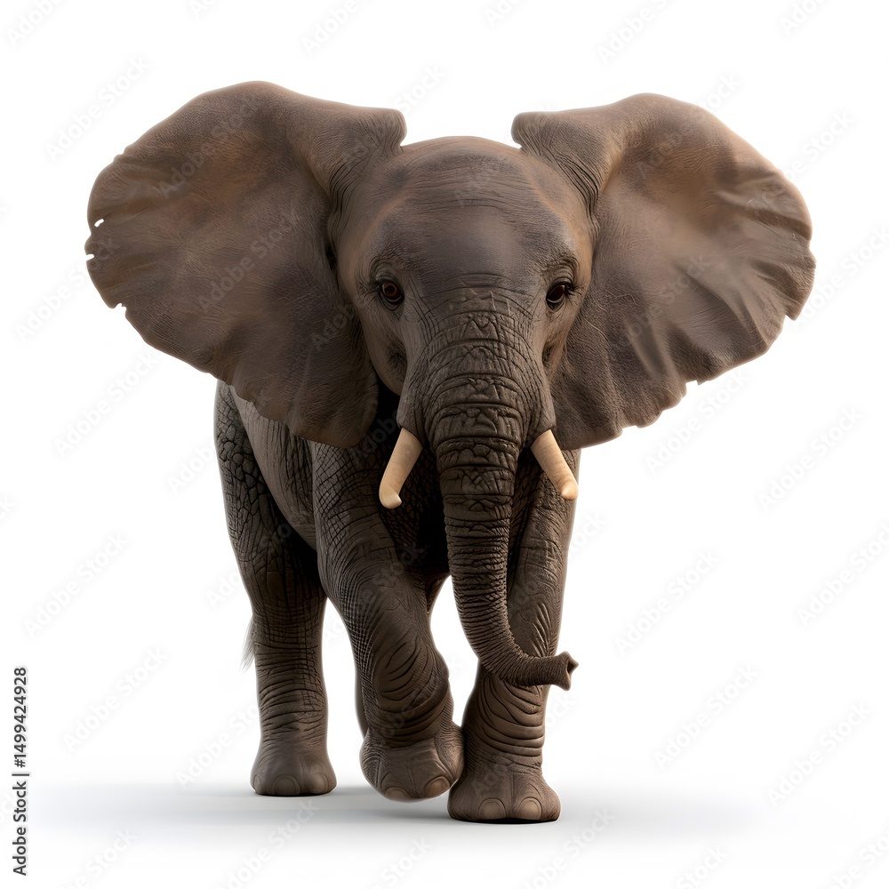 Obraz premium Majestic African Elephant Walking Towards Viewer on White Backgr