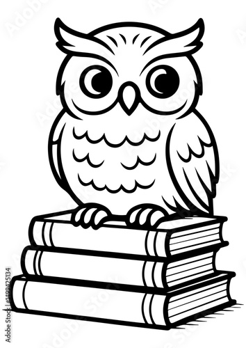 Black and white vector of an owl sitting on a stack of books, ideal for engraving, logos, children’s books, and creative illustrations