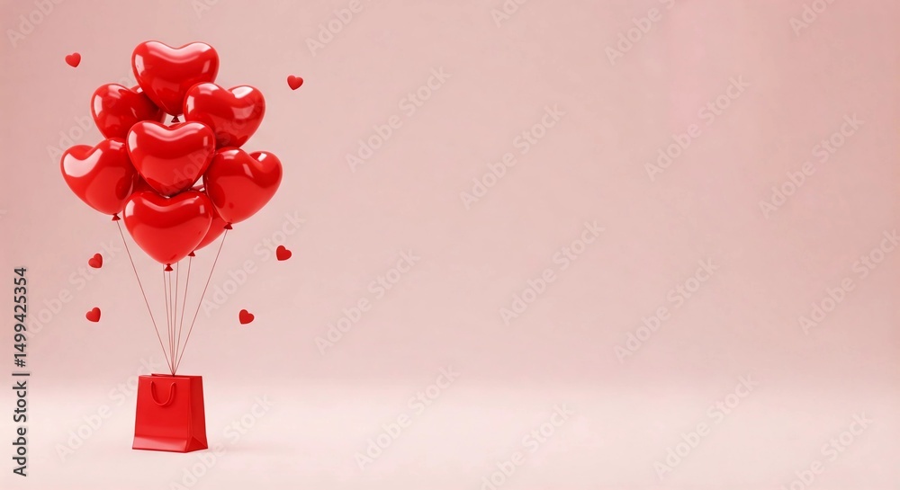 Obraz premium Romantic heart-shaped red balloons rise from a red gift bag against a soft pink background. Perfect for Valentine's Day, love-themed designs, romantic events, and celebration content. 