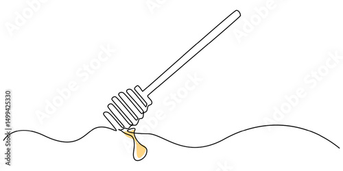 Vector continuous one single line drawing of honey on dipper in silhouette on a white background. Linear stylized, Honey dripping from honey dipper, continuous line drawing, tattoo, print for clothes.