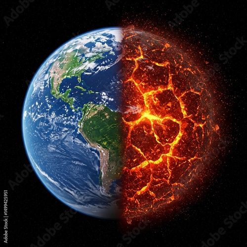 Wallpaper Mural Half normal Earth, half molten lava Earth represents global warming, climate change, and the environmental impact threatening our planet's future through heat and destruction. Torontodigital.ca