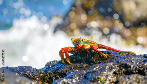 Vivid sally lightfoot crab basking on a dark volcanic rock shoreline seascape
