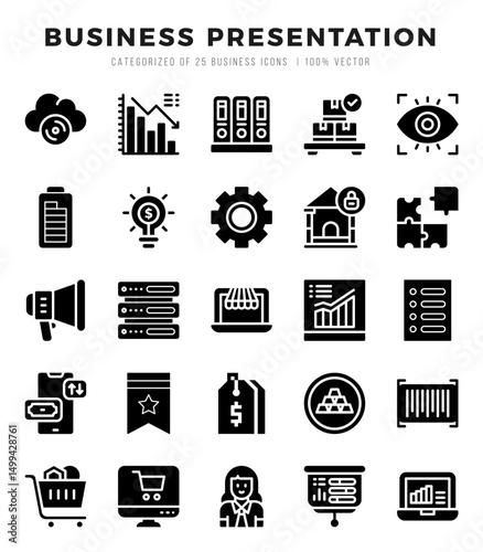 Set of simple Glyph Business Presentation Icons. Glyph art icons pack.