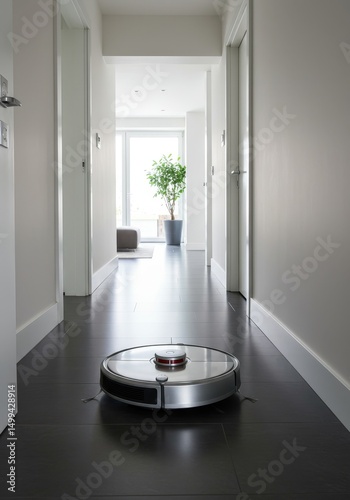 Wallpaper Mural Robotic Vacuum Cleaner in Modern Hallway - A silver robotic vacuum cleaner sits on a dark floor in a bright, modern hallway. The hallway is clean and minimalist Torontodigital.ca