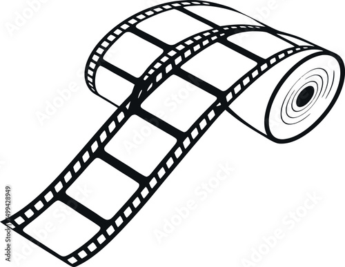 Simple, black and white graphic of a film reel and strip.