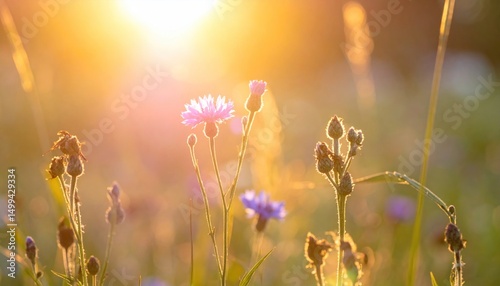 Wildflower Meadow Bathed in Golden Light at Sunset or Sunrise Serenity