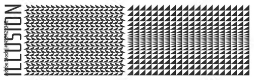Background of many white and black triangles with dynamic effect and optical illusion. Cover design template. Half-tone vector pattern. 3d illustration for brochure, presentation, flyer or banner.