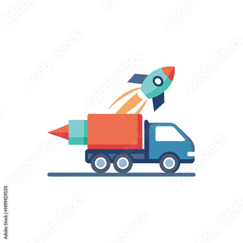 Flat and Minimal A rocket is launched from a truck logo vector illustration isolated on white background