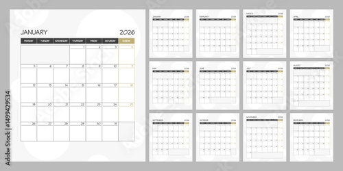 Monthly calendar square planner schedule for 2026 year. Week Starts on Monday