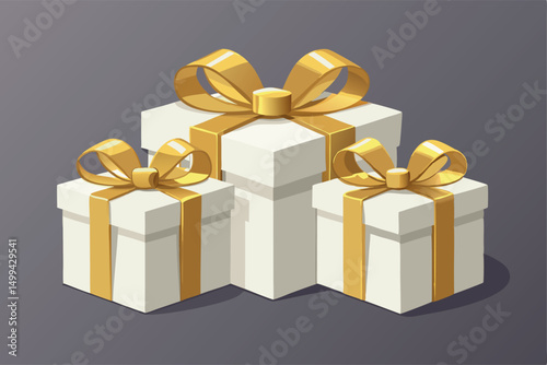 3d Realistic White Gift Boxes with Gold Ribbon Gift Bow Set. Christmas Decoration Vector illustration Design.