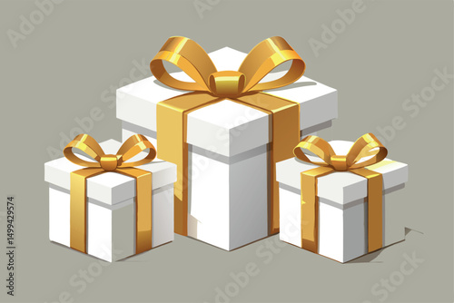 3d Realistic White Gift Boxes with Gold Ribbon Gift Bow Set. Christmas Decoration Vector illustration Design.