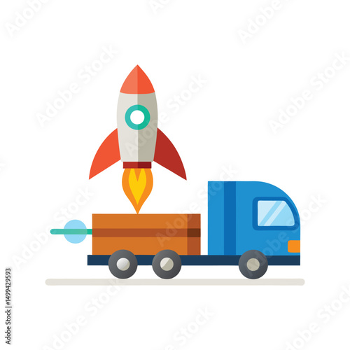 Flat and Minimal A rocket is launched from a truck logo vector illustration isolated on white background
