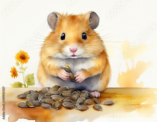 Neugieriger Hamster mit Sonnenblume photo