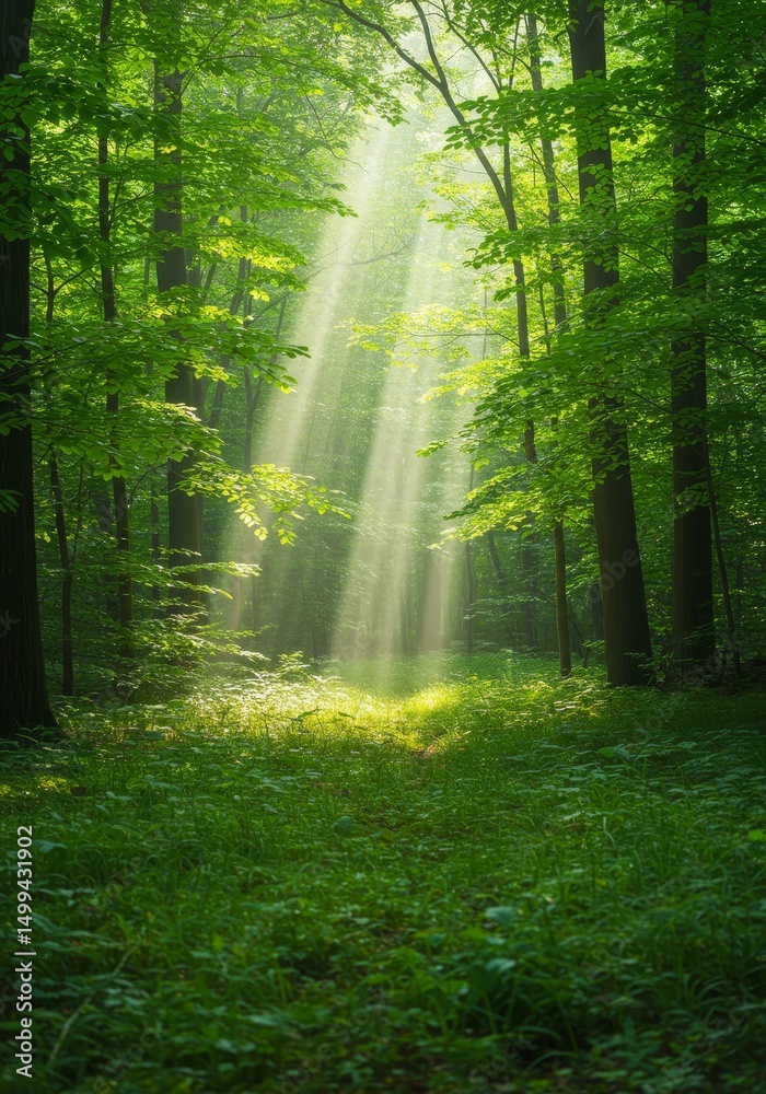 Fototapeta premium Sunbeams in the Green Forest - Sunlit path through lush green forest, rays of light illuminating the way. Peaceful nature scene