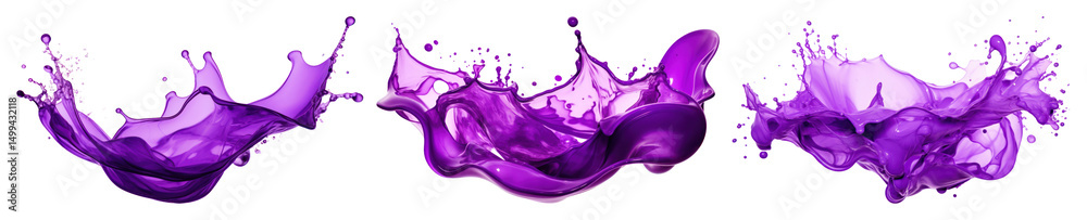 Fototapeta premium PNG Vibrant purple liquid splashes, element set on transparent background