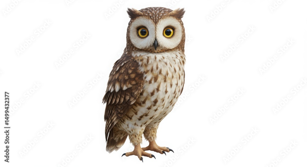 Fototapeta premium A detailed illustration of an owl with yellow eyes and speckled feathers, standing against a white background.