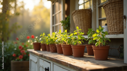 Flower pots on the windowsill.  Seedlings in the greenhouse with a window and sunshine coming in.  Seedlings for the summer garden in pots on the windowsill.