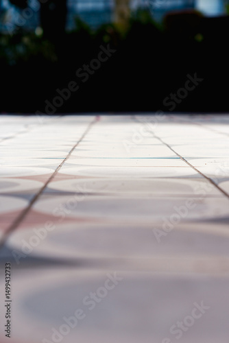 Wallpaper Mural Background surface. Ideal background image featuring a close-up of patterned outdoor tiles. The repeating circles and lines provide a versatile textured surface for design projects. Torontodigital.ca