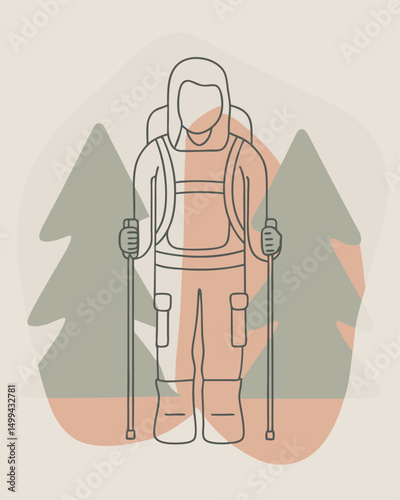 Outdoor adventurer standing with trekking poles, wearing a backpack and winter gear, surrounded by stylized trees, representing exploration and nature in a minimalist illustration